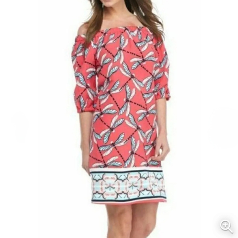 Crown & Ivy Dress Womens Small‎ Pink/Blue Dragonflies Bohemian Cottage Linen